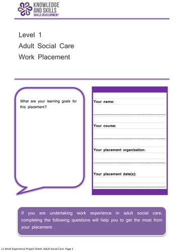 level 1 work experience project adult social care teaching resources