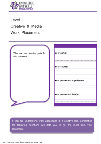 Level 1 Work Experience Project: Creative and Media | Teaching Resources