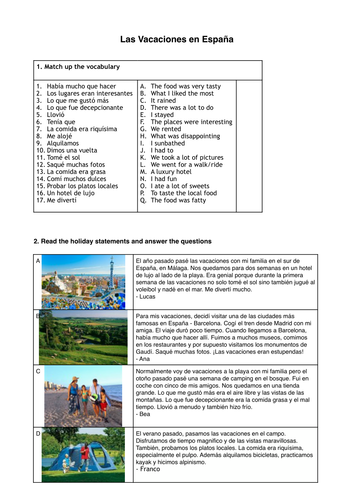 GCSE Y10 Vacaciones en el pasado reading worksheet (past tense)