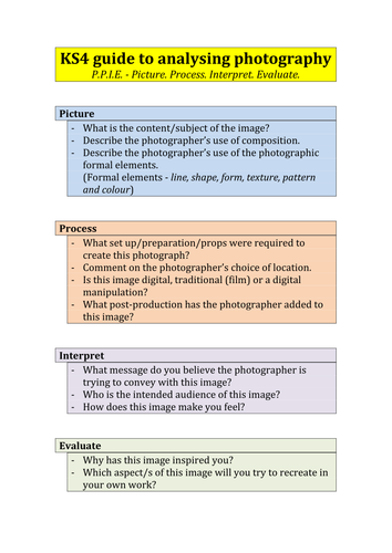 elementary grade sheet guide GCSE analysing photography JasminC KS4 by to