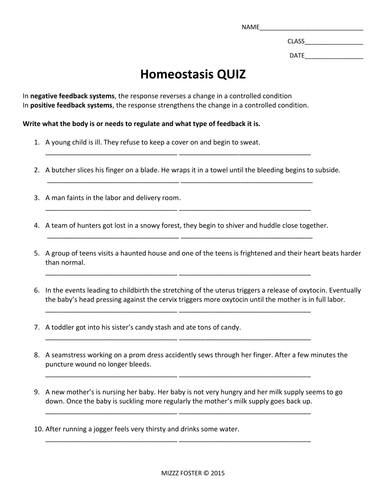 Homeostasis Problem Set / Quiz with answers