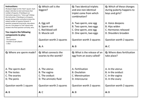 Reproduction Revision Quiz and Board Game with answers