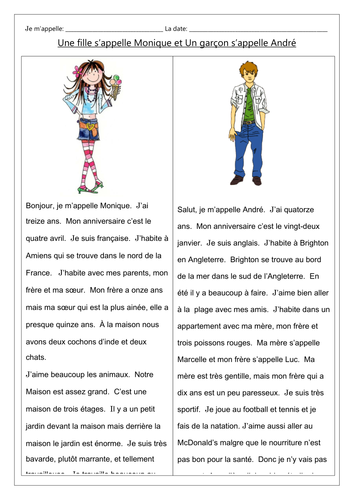 FRENCH - Une fille s'appelle Monqiue et un garçon s'appelle André - Worksheets