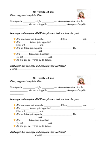 Differentiated writing template - ma famille et moi