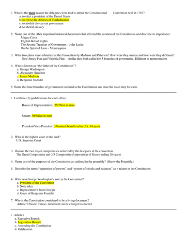 Constitution Unit Quizzes and Key