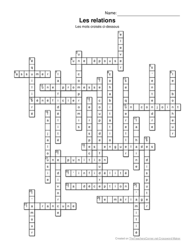 Crossword "Les relations sociales"