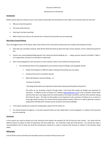 Edexcel GCSE Business Unit 2 Controlled Assessment Write Up Structure