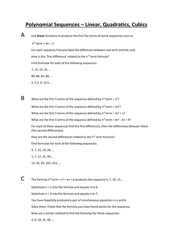 Sequences with Polynomial nth Term Formulae - An Investigation