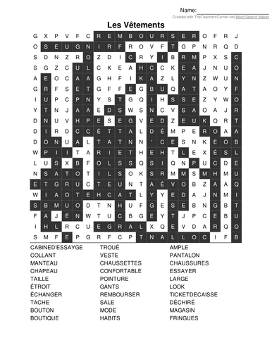 Word search and Crossword on "Les Vêtements