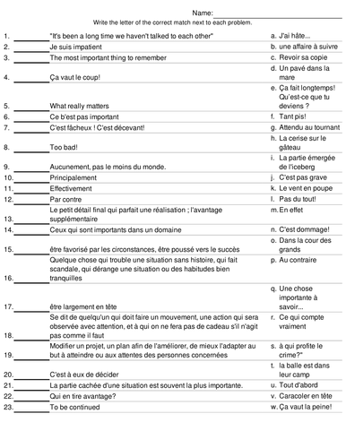 Match-up activity "Les expressions"