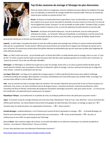 Reading comprehension for IB/ "Les traditions de mariage"