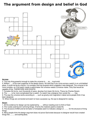 The argument from design and belief in God Crossword