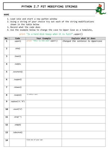 Python String Worksheet | Teaching Resources