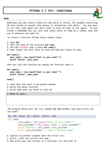 Python Functions Worksheets
