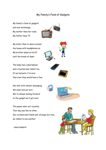 My Family is Fond of Gadgets Poem and sorting task