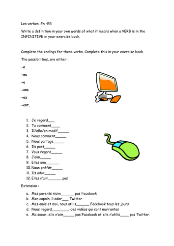 French grammar practice : verb endings in the PRESENT. Starter activity