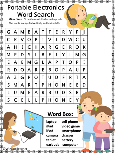 portable electronics technology word search 2 levels by windupteacher