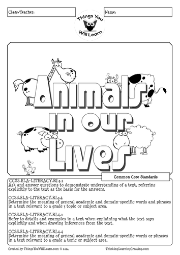 Animals in Our Lives Reading Activity Pack
