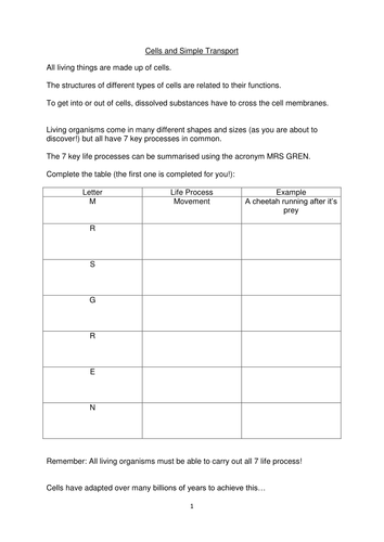 Cells and Simple Transport Booklet