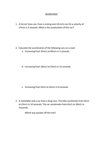Velocity and Acceleration worksheets