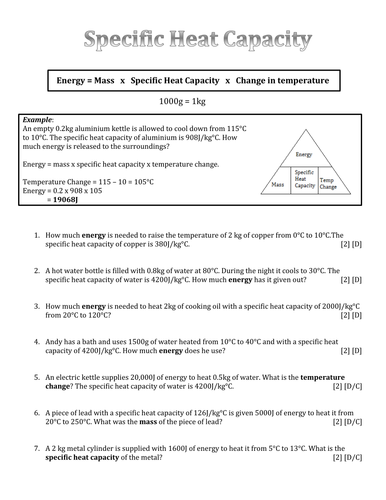 Differentiated Specific Heat Capacity Calculation Questions by ak251  Teaching Resources  Tes