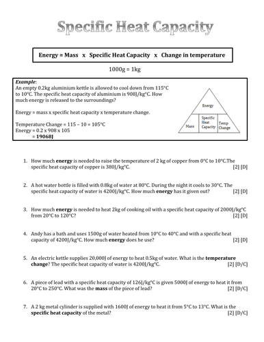 Differentiated Specific Heat Capacity Calculation Questions Teaching Resources