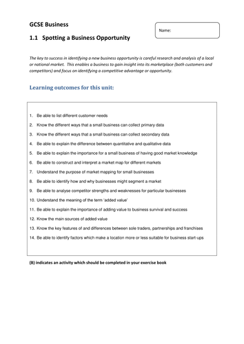 Booklets for Edexcel GCSE Business Studies unit 1 Introduction to small business 