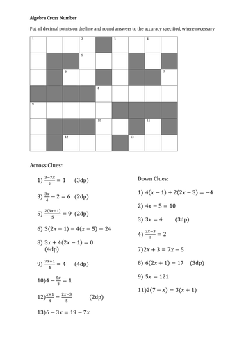 worksheets 9 grade algebra printable Solving Number Cross Equation by wibble73 Linear