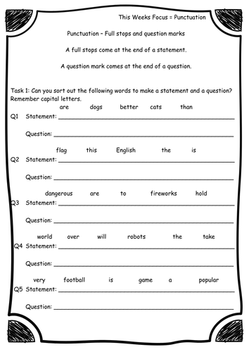 question 1 mark worksheet grade question  grammar  Full Punctuation and stops worksheets