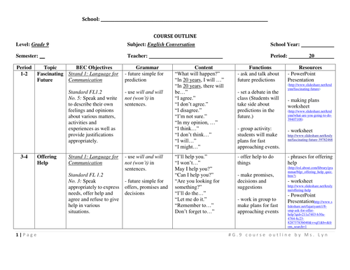 1 semester Course outline for Grade 9