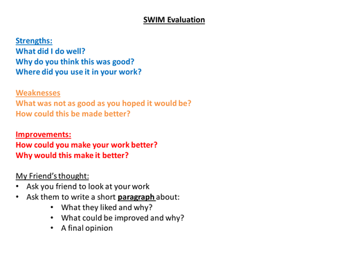 SWIM (Strengths, Weaknesses, Improvements, My Friend's Thoughts)Evaluation guideline for any subject