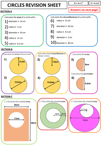Area and circumference of circles, semicircles and compound shapes - REVISION SHEET