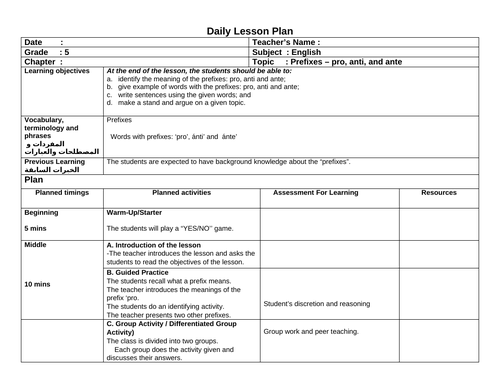 Lesson Plan : Prefix (anti, ante and pro)