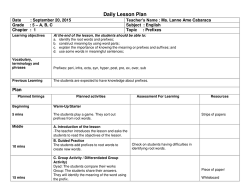 Lesson Plan : Prefixes