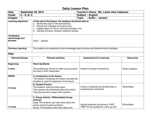 Lesson Plan: Phobia