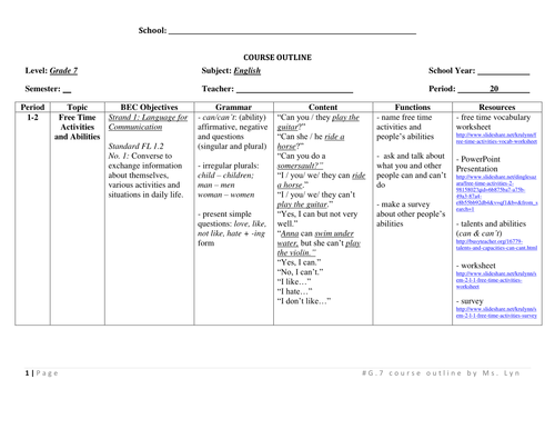 1 Semester Course Outline for Grade 7