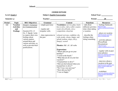 1 semester course outline for Grade 6