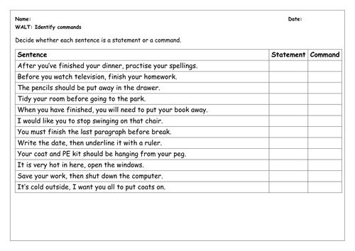 SPaG Worksheet: Identify Commands / Convert Statements and Questions to Commands 