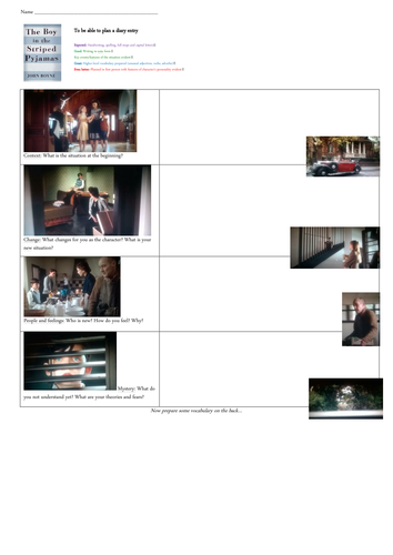 'Box it up' planning document for 'The Boy in the Striped Pyjamas' diary