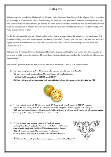 Extension - Ancient Indian Algebra Problems (Forming and solving equations)