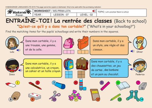 FRENCH-Y4/5-AT SCHOOL: Fournitures scolaires/School stationery/Numbers 0- 30/Les numéros de 0 à 30