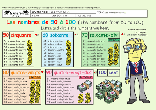 FRENCH-Y5/6-AT SCHOOL: Numbers 0 to 100/ Nombres de 0 à 100/European currency/ Monnaie européenne