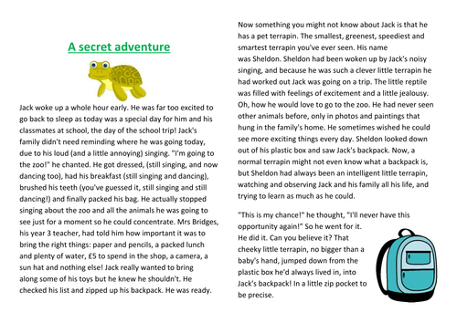 "A Secret Adventure". Year 2, 3, 4 or 5 fiction /  story / comprehension, with activity page.