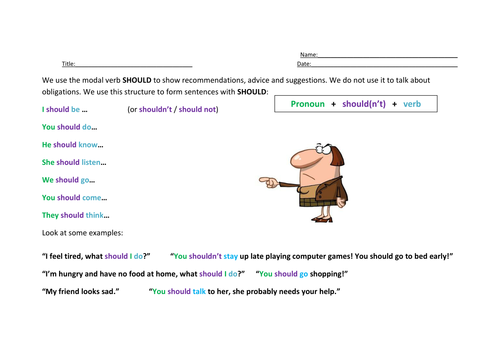 Worksheets for ESL Students to teach the modal verb SHOULD