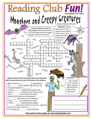 Halloween Alliteration Crossword Puzzle