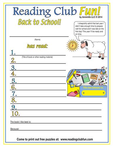 Back to School Reading Log and Certificate