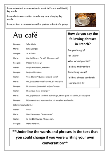 Key Stage 2 and 3 'Au cafe' Simple Cafe Conversation and Comprehension Worksheet 