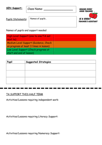 Teaching Assistant Support Sheet