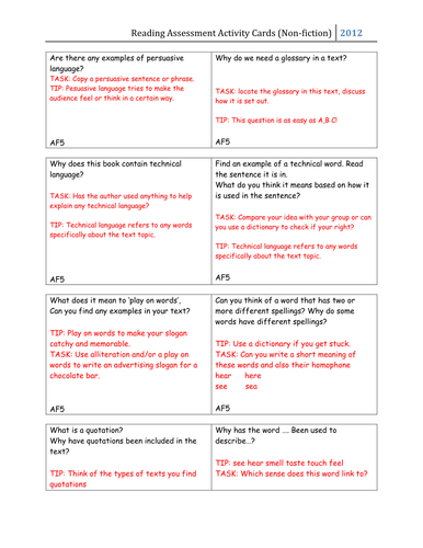 Reading assessment activity cards