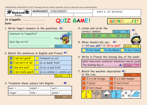 FRENCH-AT SCHOOL- ASSESSMENT - Quiz Test - Key Stage 2 -YEAR 4/5